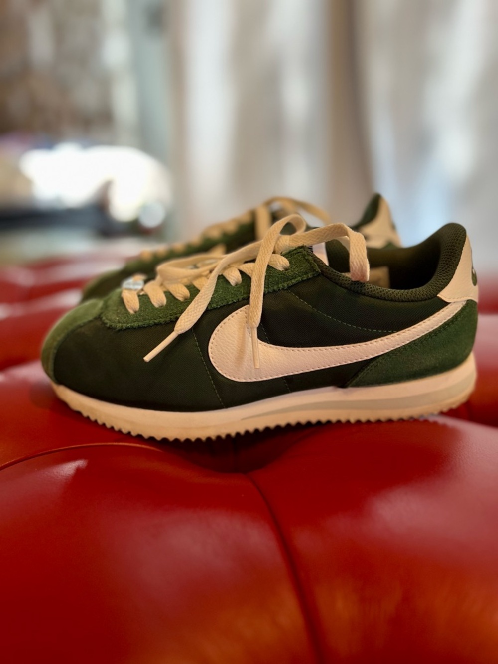 Womens Size 7 Nike Dark Green and White Classic Cortez-Style Sneakers